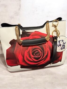 White Handbag with Red Rose Print and Gold Hardware